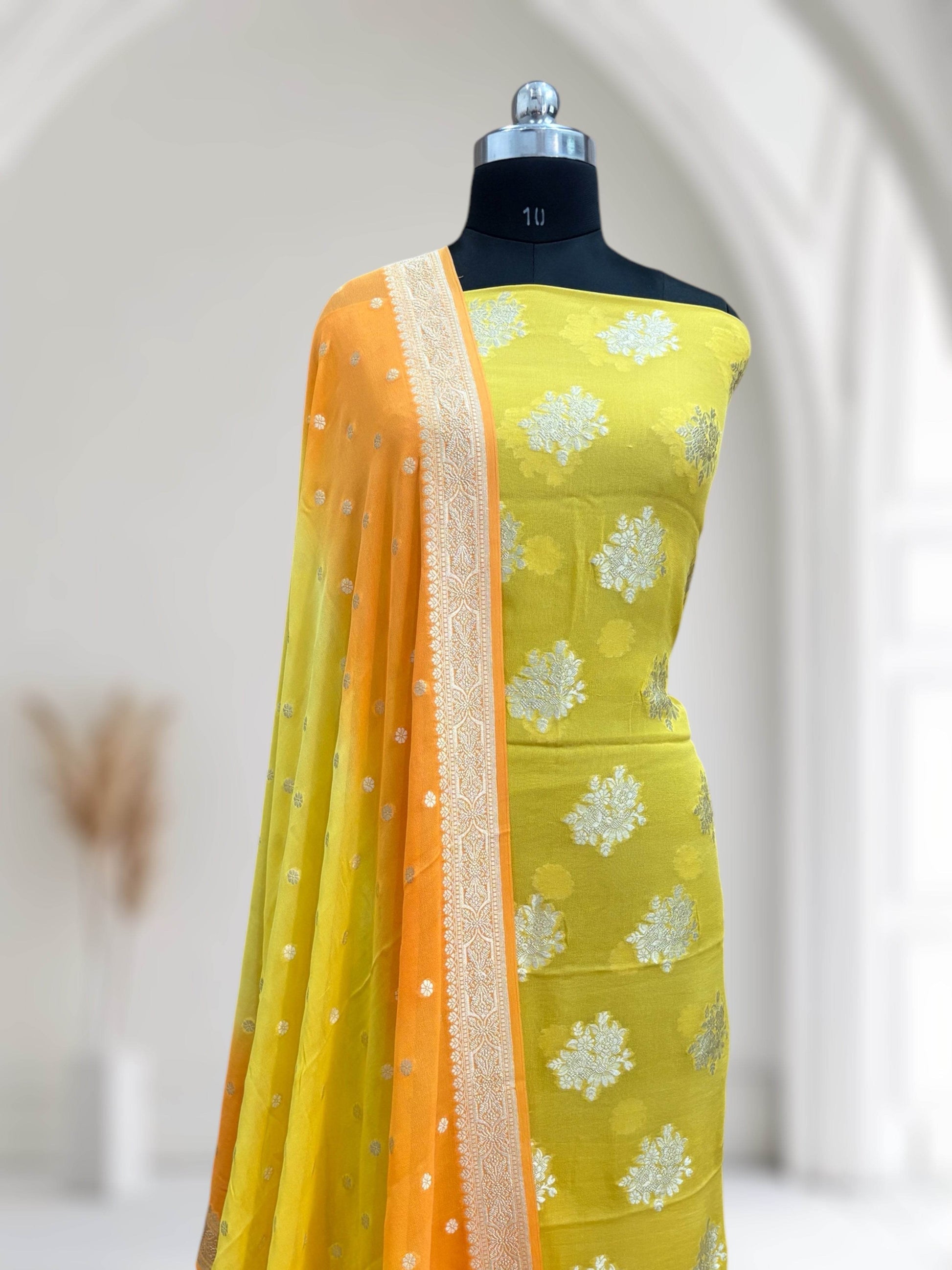 Yellow & Orange-Yellow Pure Chiffon Georgette Banarasi Suit - Zohra Silk