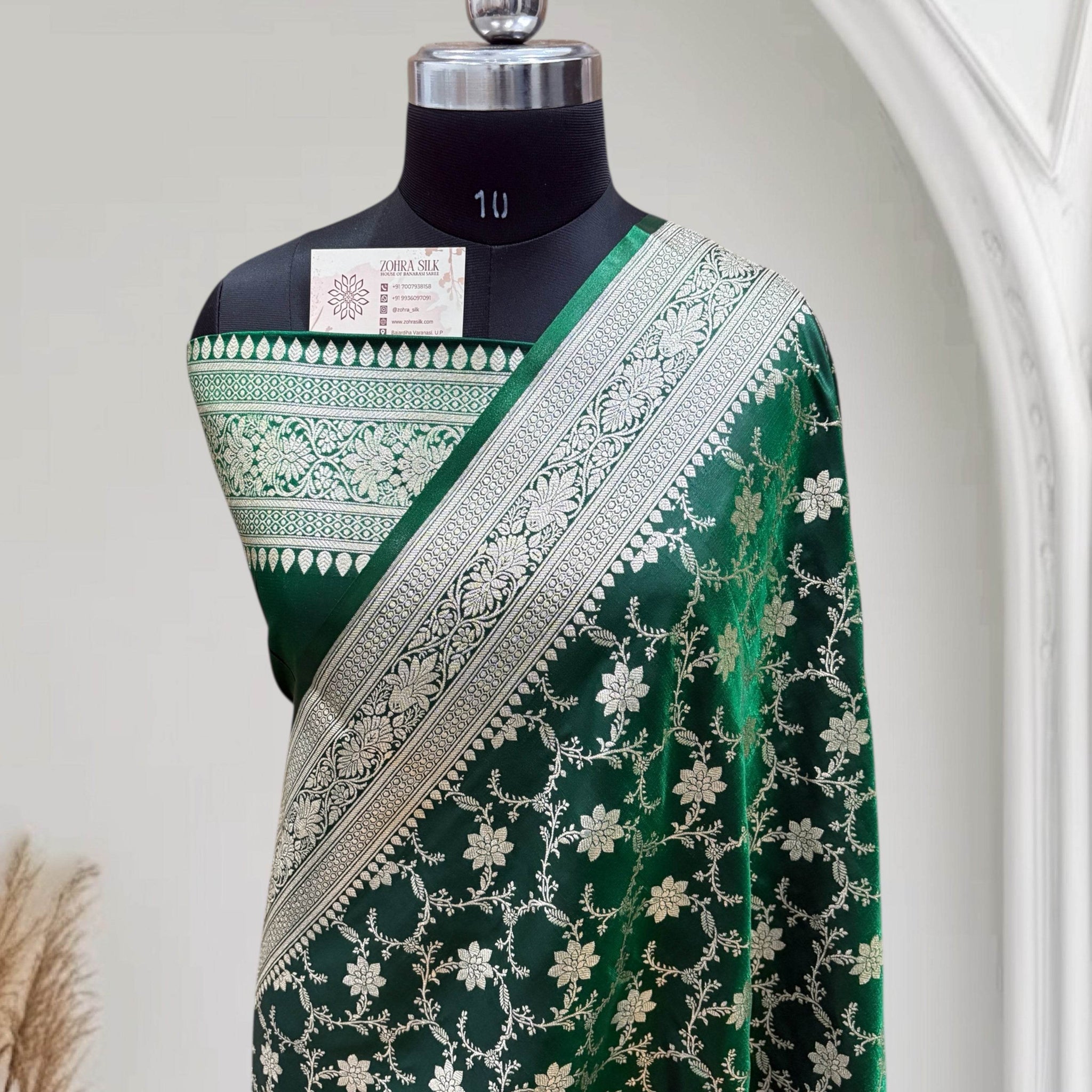 Satin Silk Banarasi Saree in Dark Green - Zohra Silk