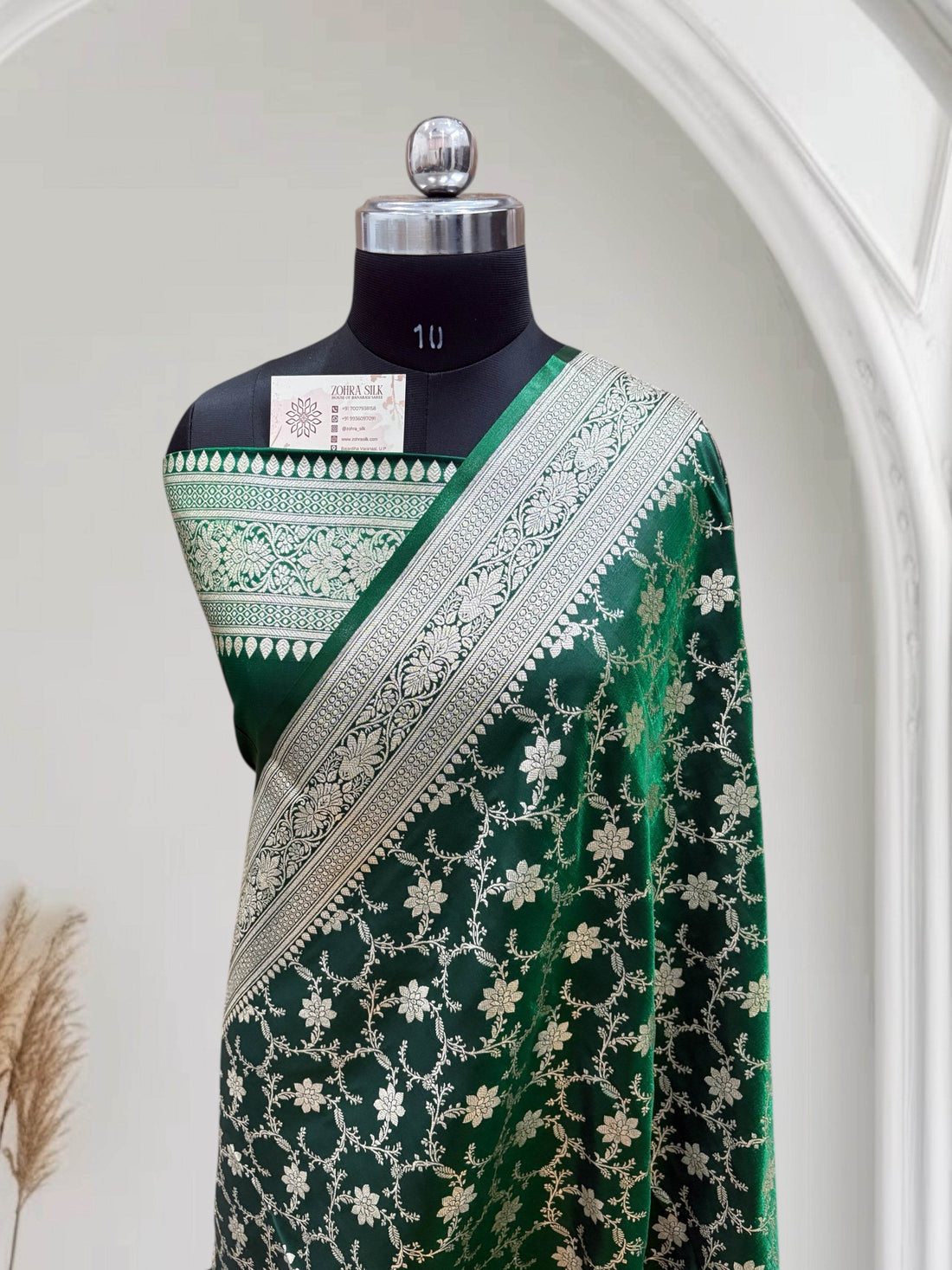 Satin Silk Banarasi Saree in Dark Green - Zohra Silk