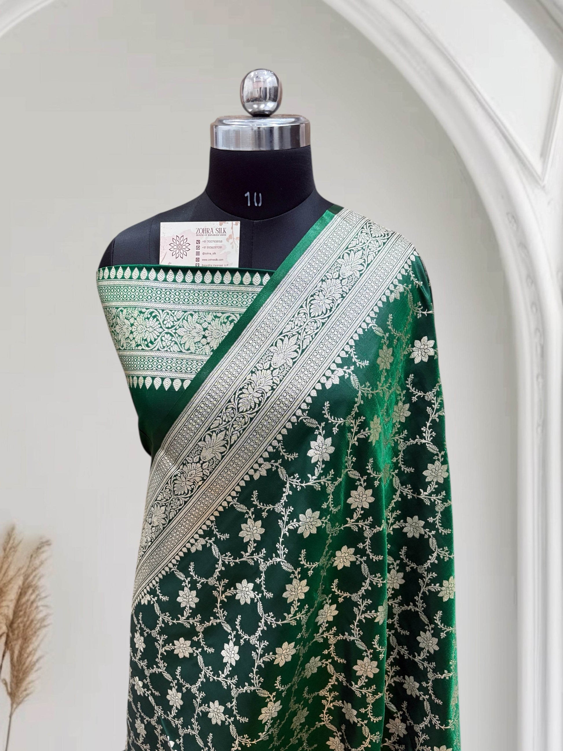 Satin Silk Banarasi Saree in Dark Green - Zohra Silk