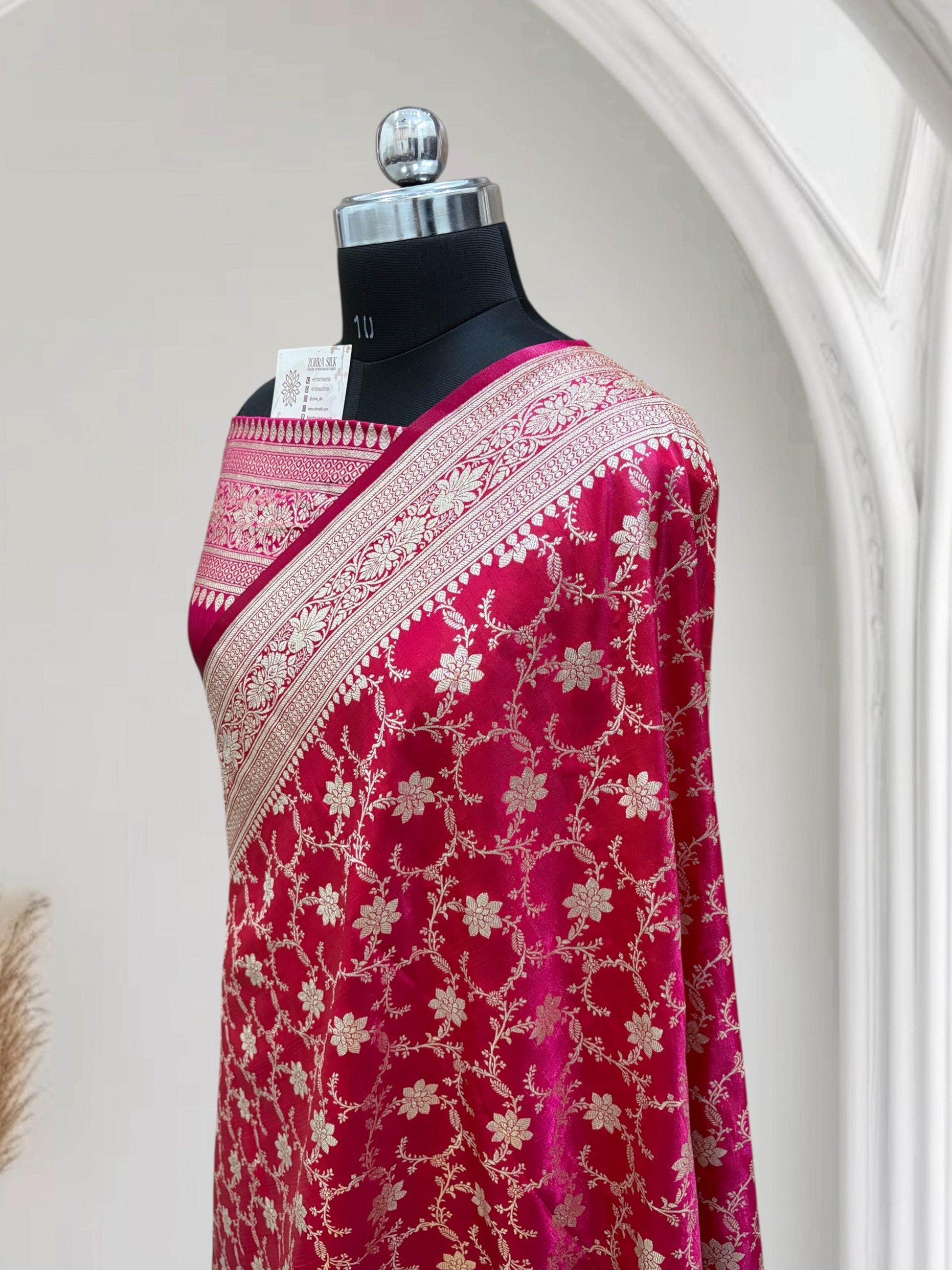 Satin Silk Banarasi Saree in Rani with Red Shaded - Zohra Silk