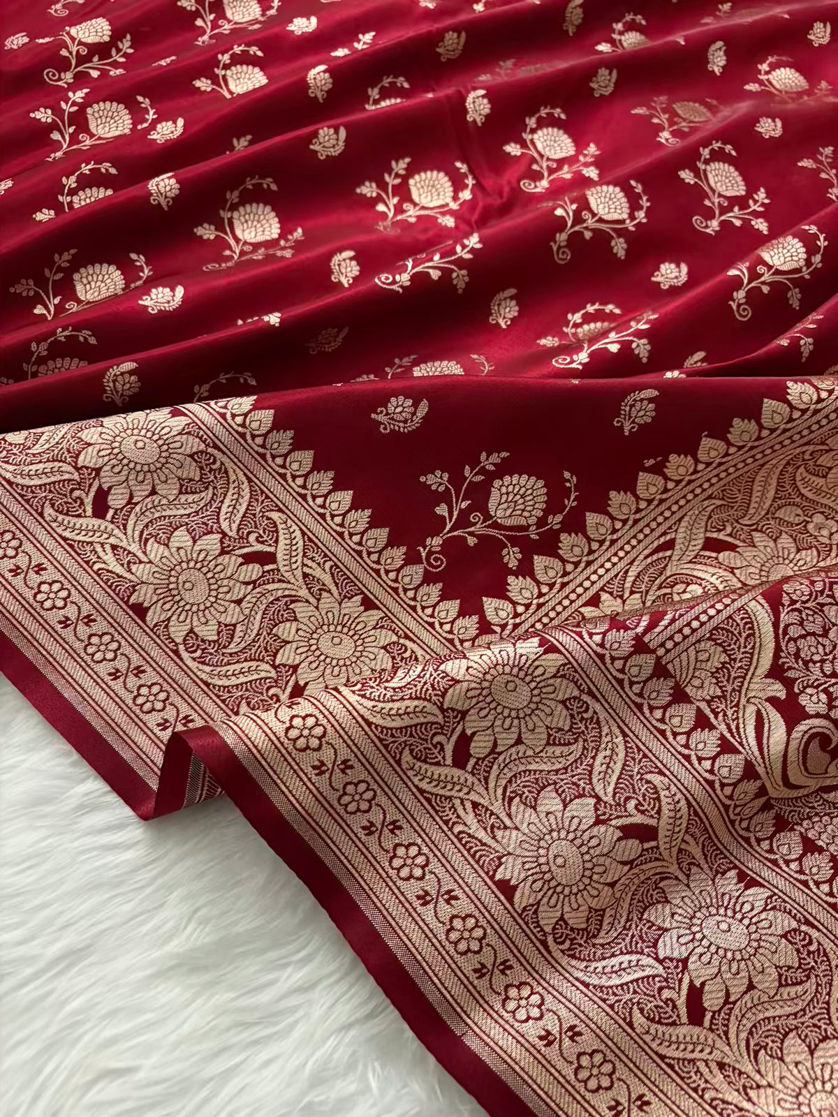 Maroon Floral Buti Satin Silk Banarasi Saree