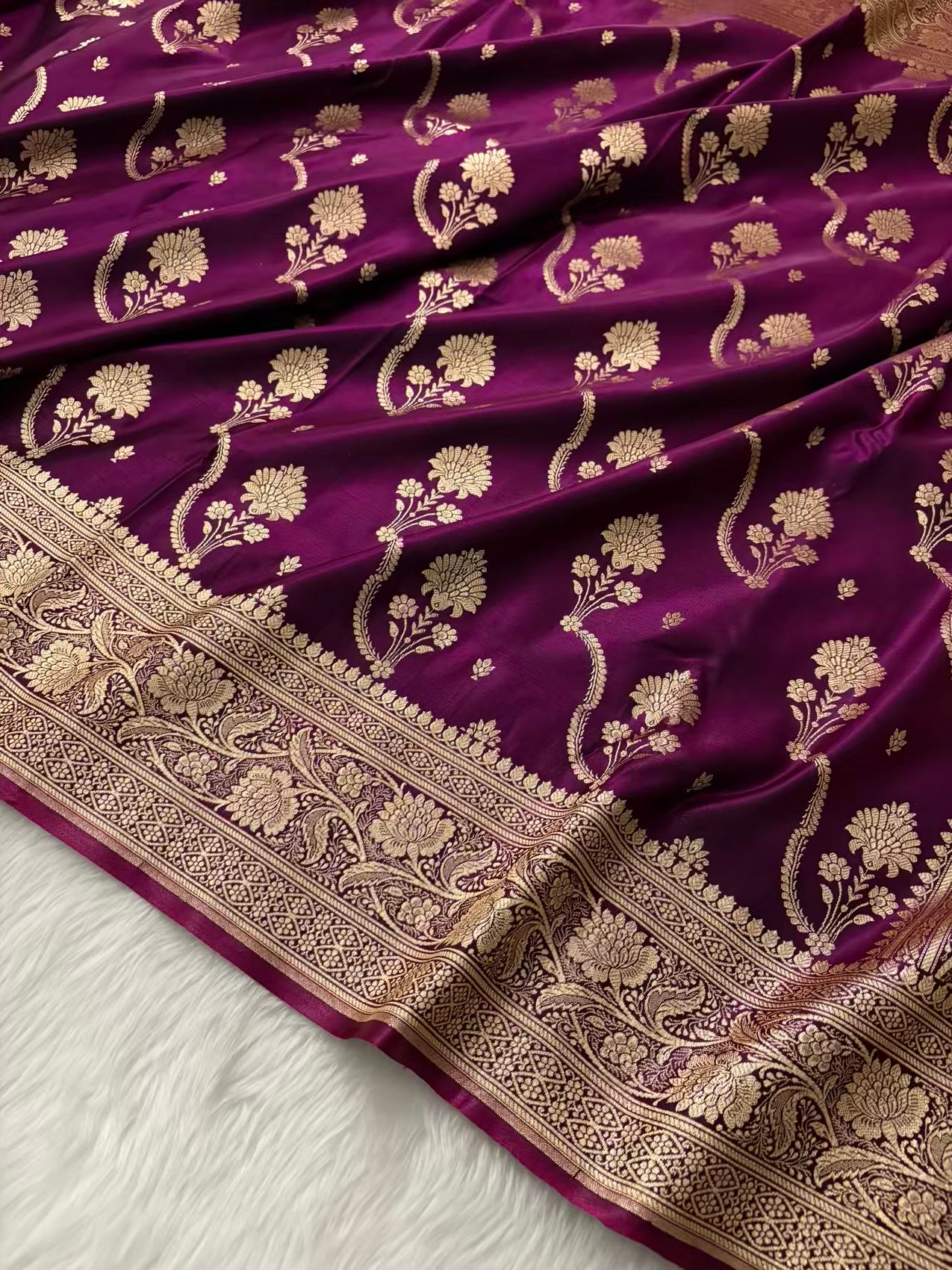 Wine Satin Silk Banarasi Saree – Tircha Jaal
