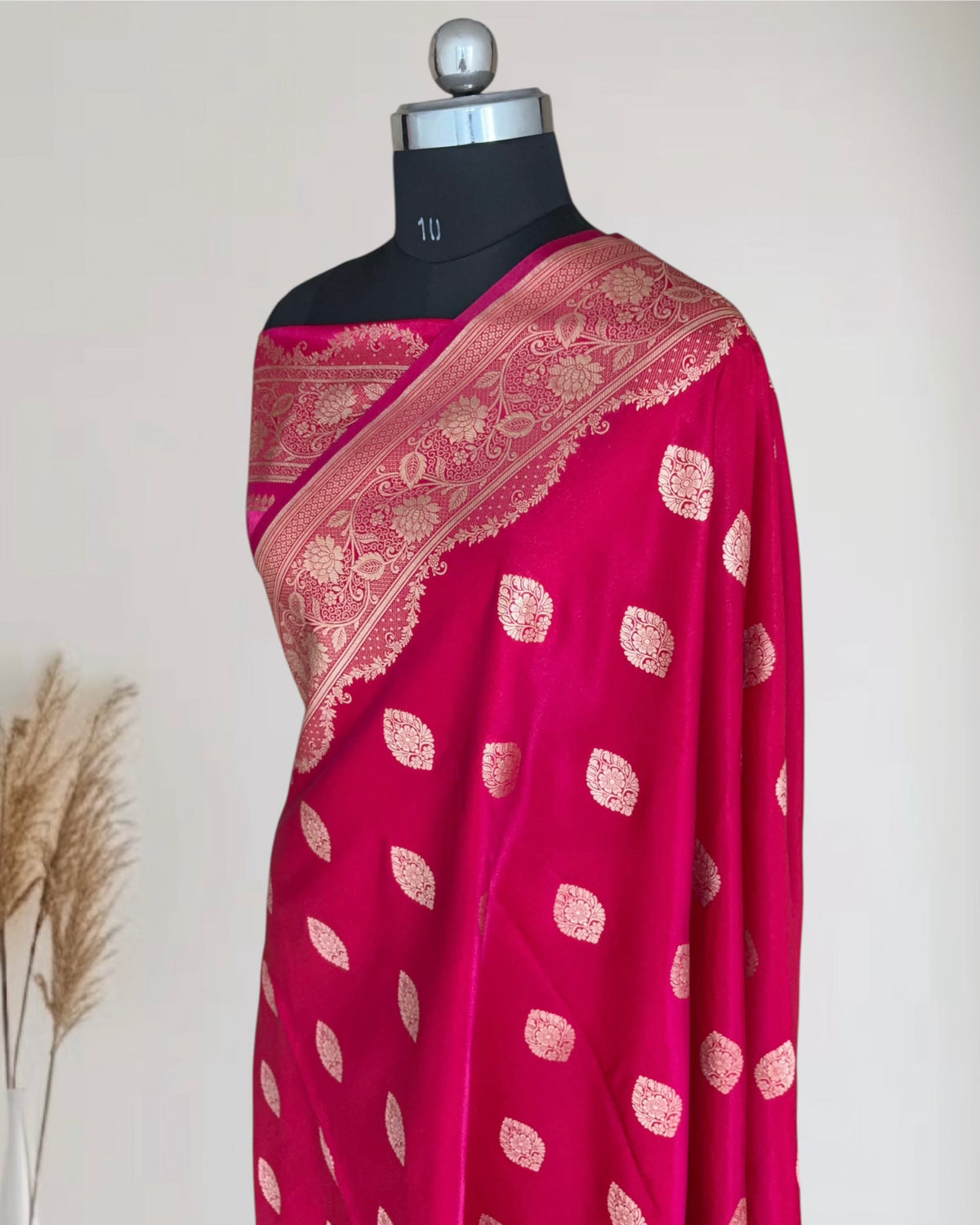 Rani Pink Satin Silk Banarasi Saree Jhaad Motif