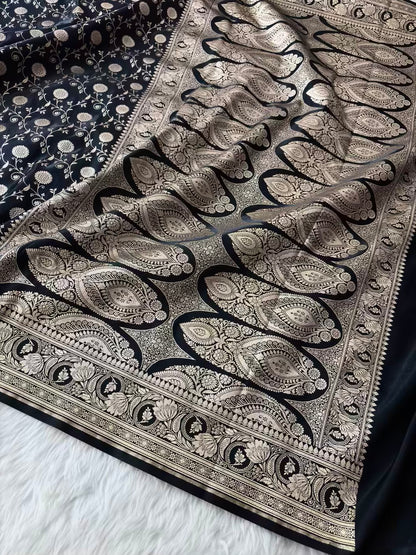 Black Satin Silk Banarasi Saree In Marigold Jaal