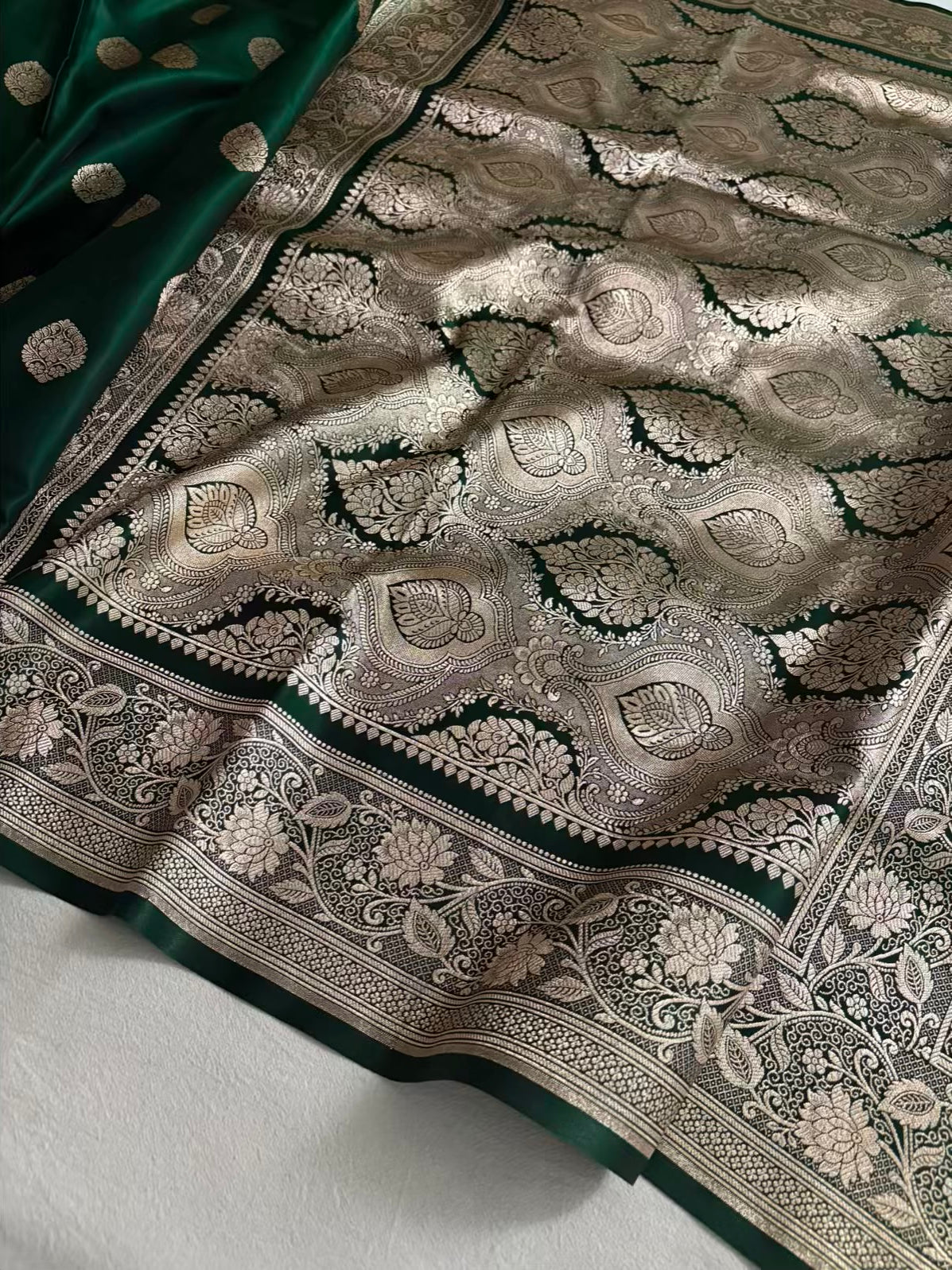 Dark Green Satin Silk Banarasi Saree Jhaad Motif