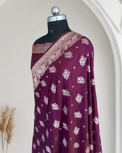 Magenta Soft Kataan Silk Motif Banarasi Saree In Silver Zari