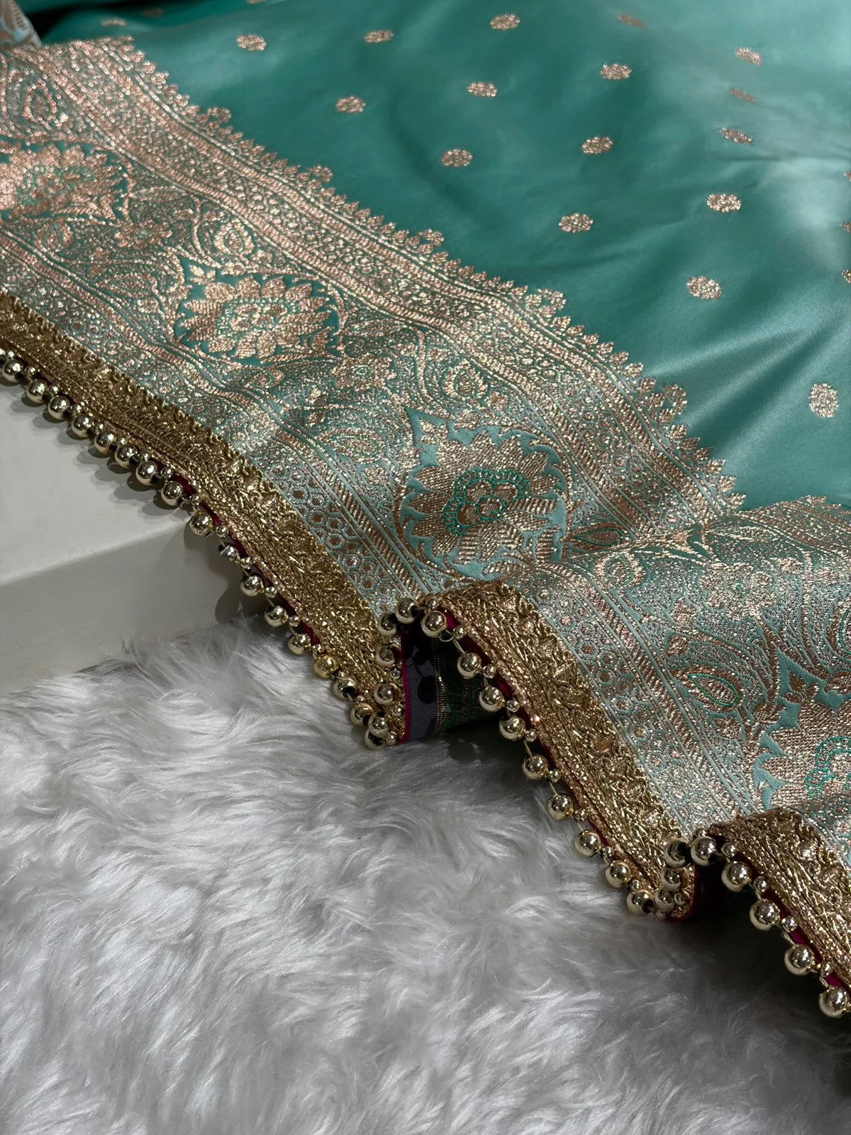 Pastel SeaGreen Satin Katan Silk Saree With Gotta Patti