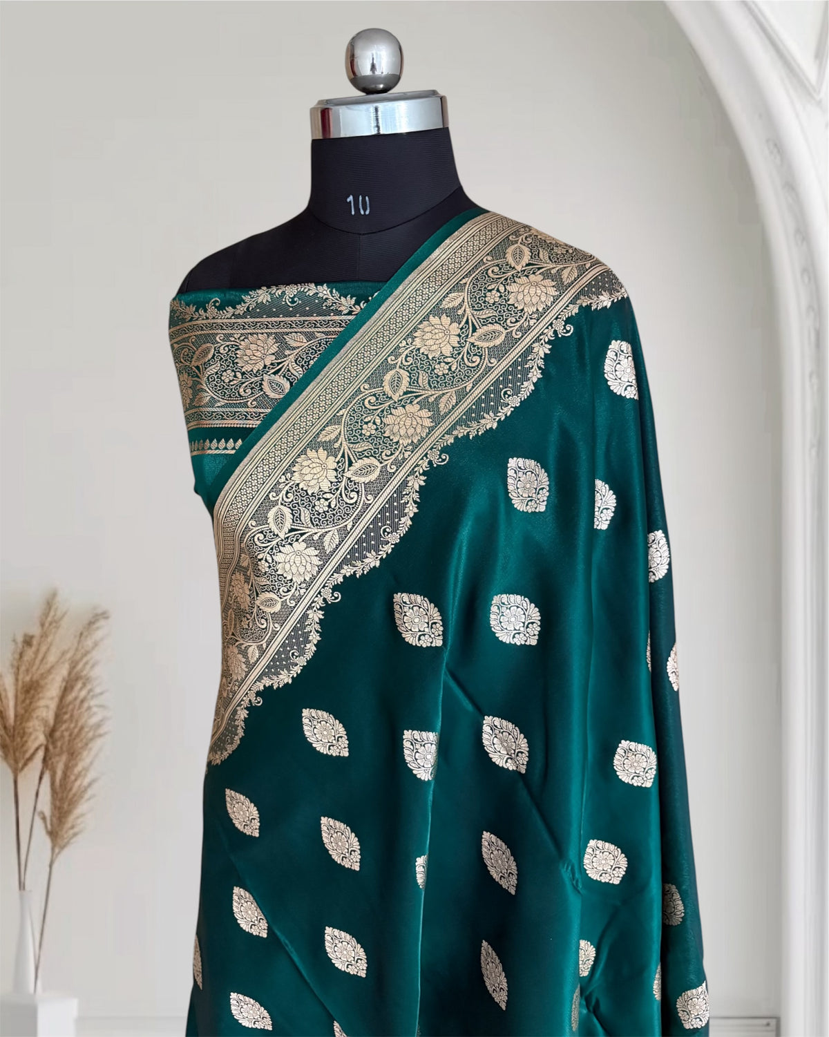 Teal Green Satin Silk Banarasi Saree Jhaad Motif