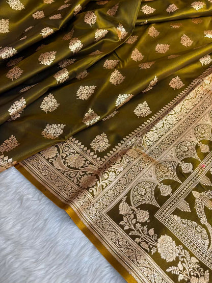 Mehdi Green Shaded New Motif Satin Silk Banarasi Saree