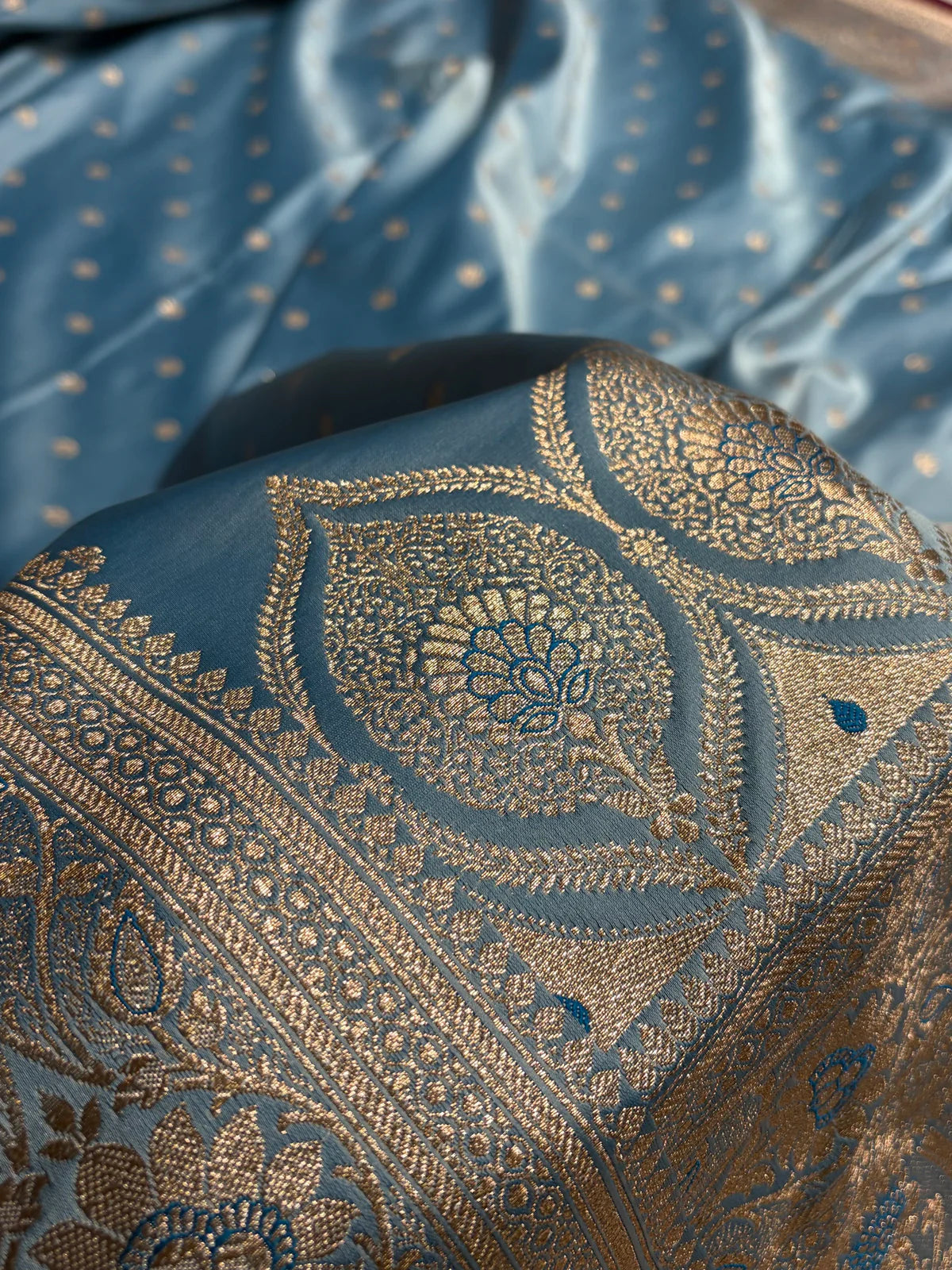 Banarasi Powder Blue Booti Satin katan Silk Saree