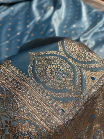 Banarasi Powder Blue Booti Satin katan Silk Saree