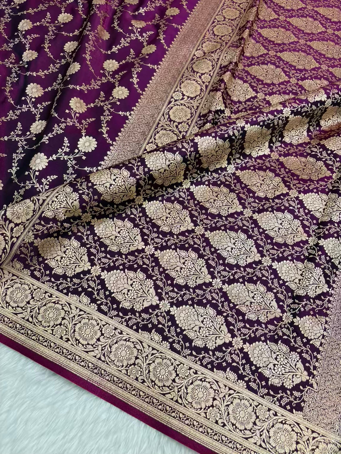 Wine Satin Silk Banarasi Saree with Golden Zari Floral Bel Jaal