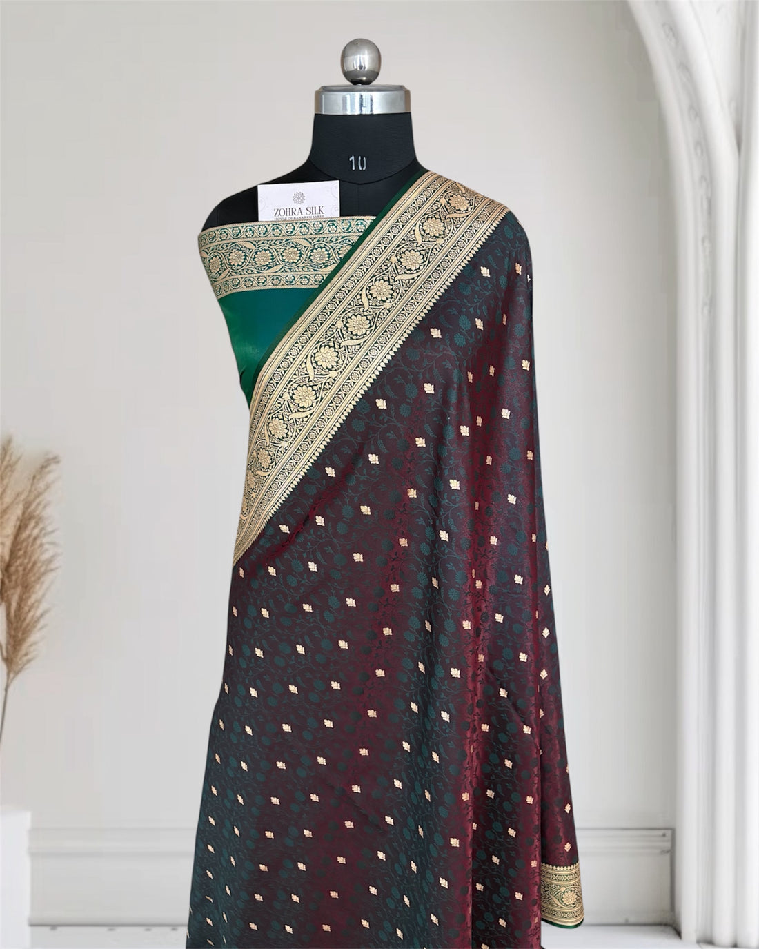Dark Maroon & Green Satin Silk Banarasi Saree Tanchui Jaal