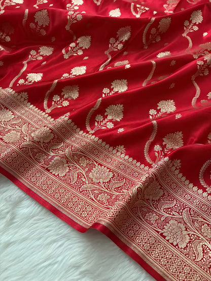 Red Satin Silk Banarasi Saree – Tircha Jaal
