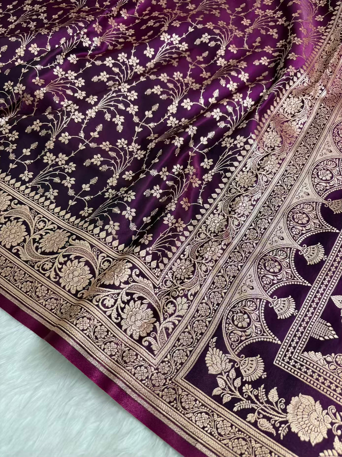 Heavy Jaal Satin Silk Banarasi Saree Wine Shades
