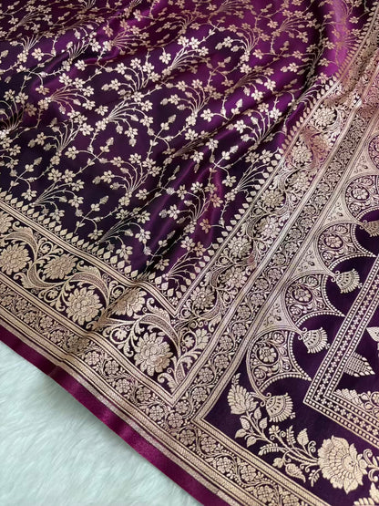 Heavy Jaal Satin Silk Banarasi Saree Wine Shades