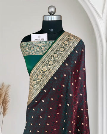 Dark Maroon & Green Satin Silk Banarasi Saree Tanchui Jaal