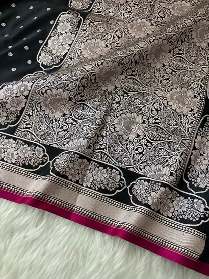 Black Soft Kataan Silk Banarasi Saree In Rose Gold Zari