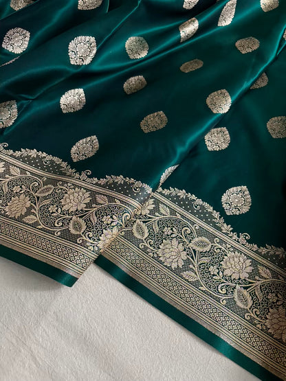 Teal Green Satin Silk Banarasi Saree Jhaad Motif
