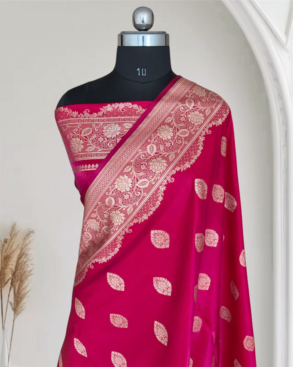 Rani Pink Satin Silk Banarasi Saree Jhaad Motif