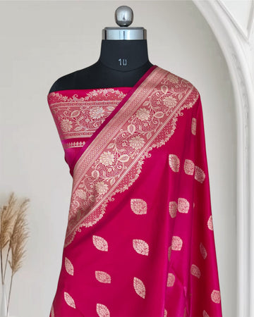 Rani Pink Satin Silk Banarasi Saree Jhaad Motif