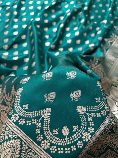 Rama Green Satin Silk Banarasi Saree Silver Motif