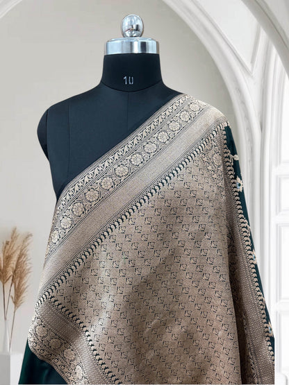 Dark Green Pure Kataan Silk Banarasi Saree with Floral Meena Jaal - Zohra Silk