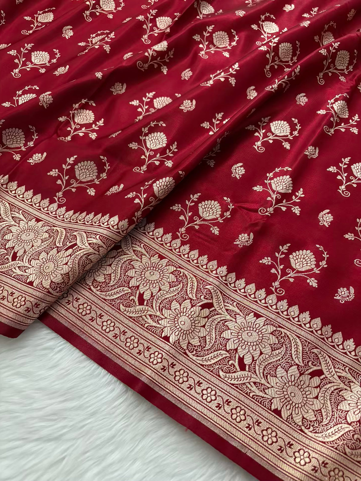 Maroon Floral Buti Satin Silk Banarasi Saree