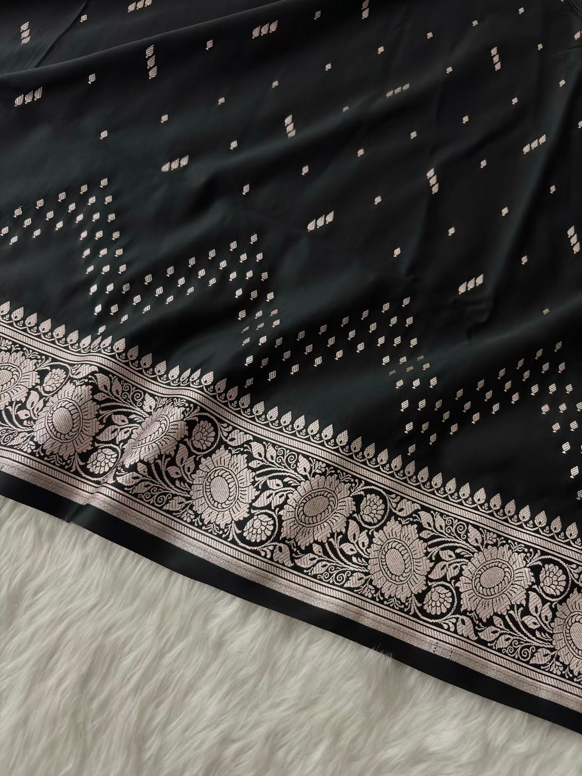 Black Premium Zari Work Fancy Satin Silk Banarasi Saare