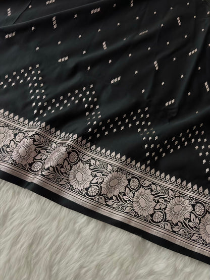 Black Premium Zari Work Fancy Satin Silk Banarasi Saare