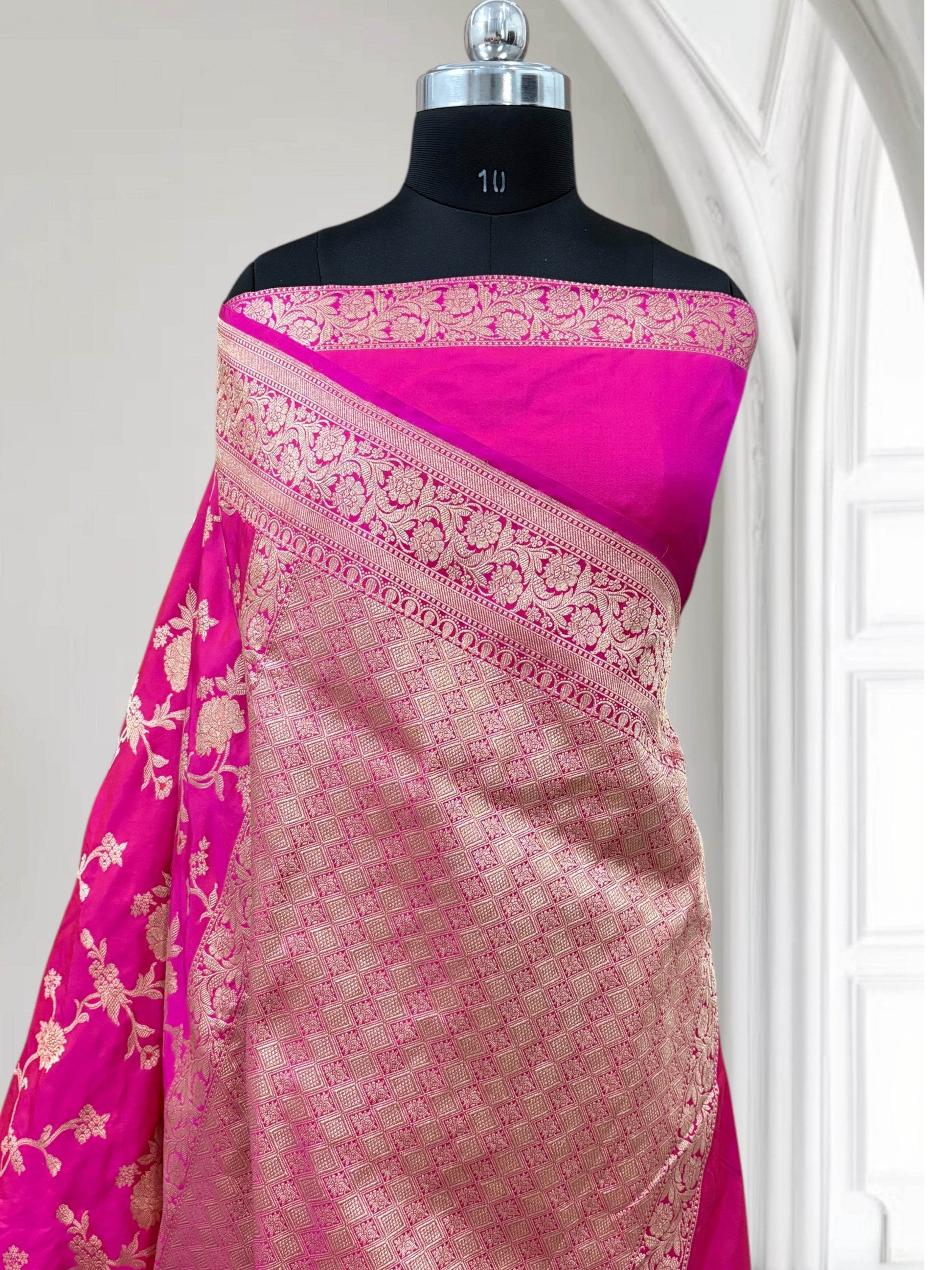 Rich Pink Pure Kataan Silk Banarasi Saree with Simple Floral Jaal - Zohra Silk