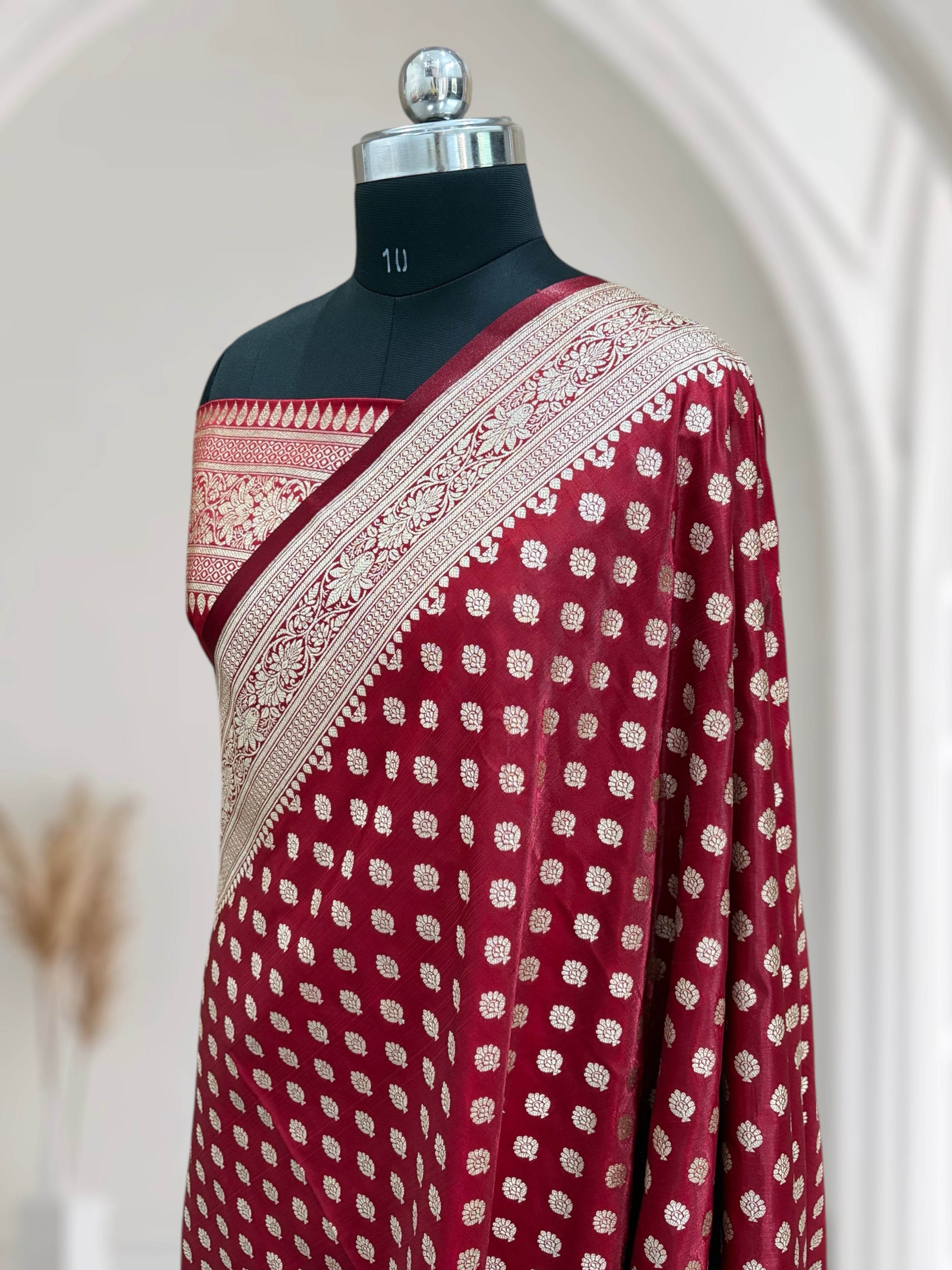 Maroon Buti Satin Silk Banarasi Saree - Zohra Silk