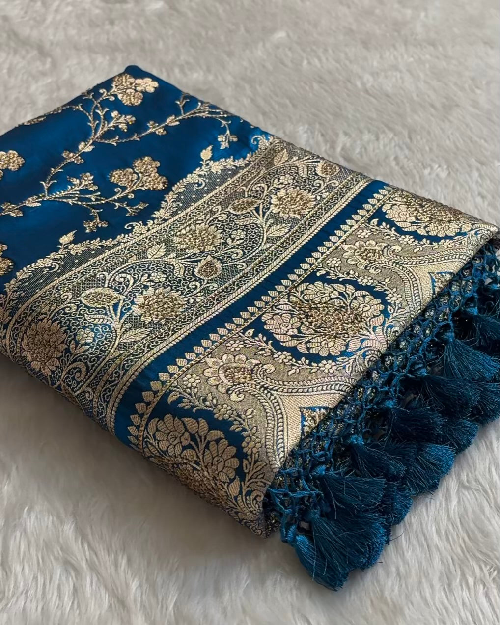 Teal Blue With Swarovski Stone Work Jaal Pattern Satin Silk Saree