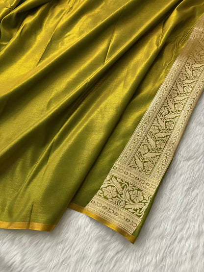 Mehdi Green Motif Jaal Satin Silk Banarasi saree