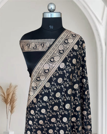 Black Satin Silk Banarasi Saree In Marigold Jaal