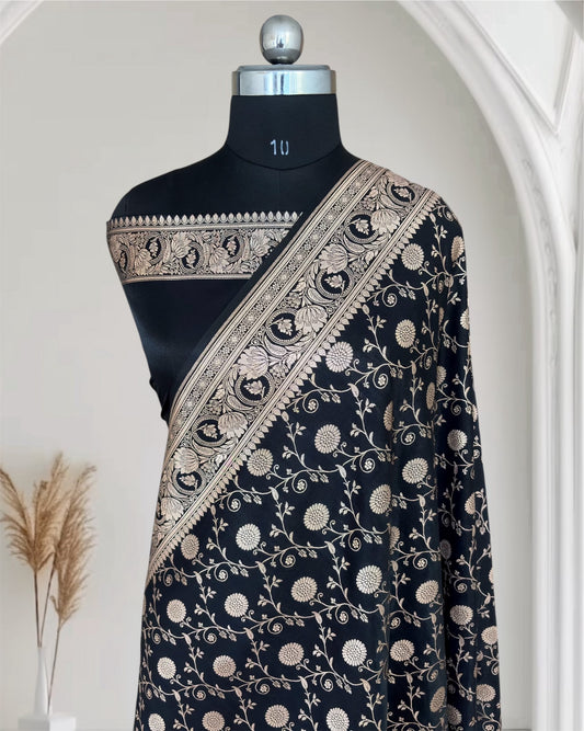 Black Satin Silk Banarasi Saree In Marigold Jaal