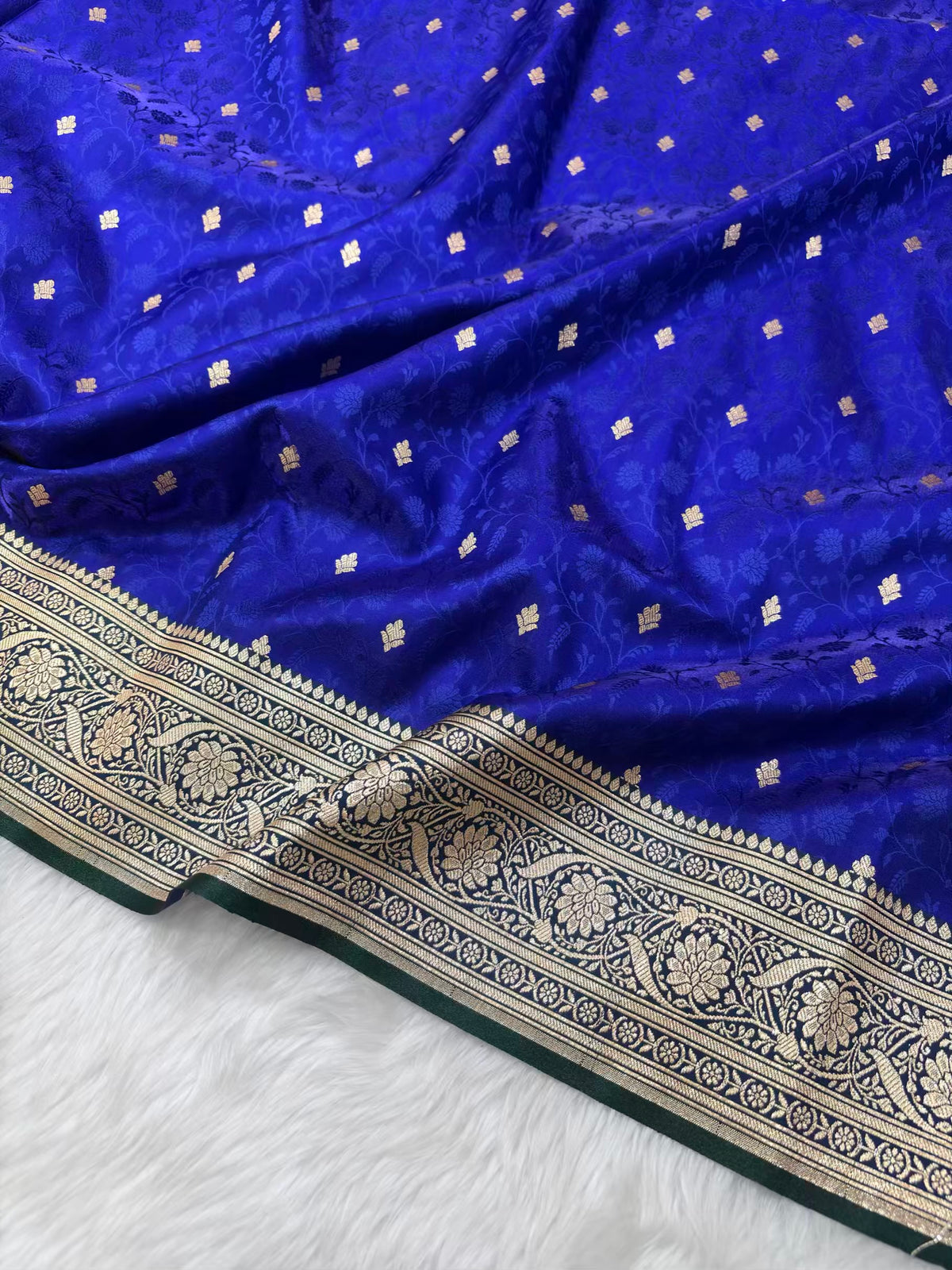 Royal Blue & Green Satin Silk Banarasi Saree Tanchui Jaal