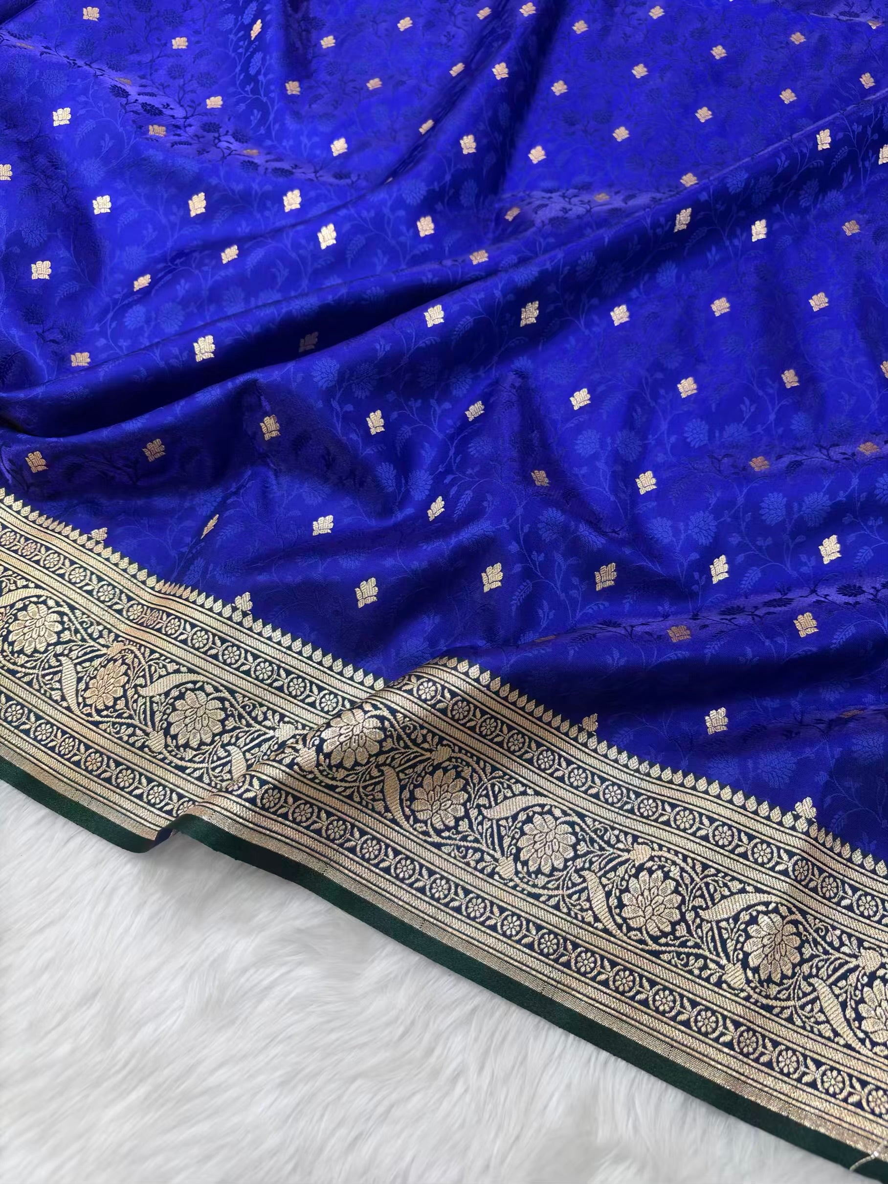 Royal Blue & Green Satin Silk Banarasi Saree Tanchui Jaal