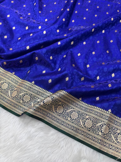 Royal Blue & Green Satin Silk Banarasi Saree Tanchui Jaal