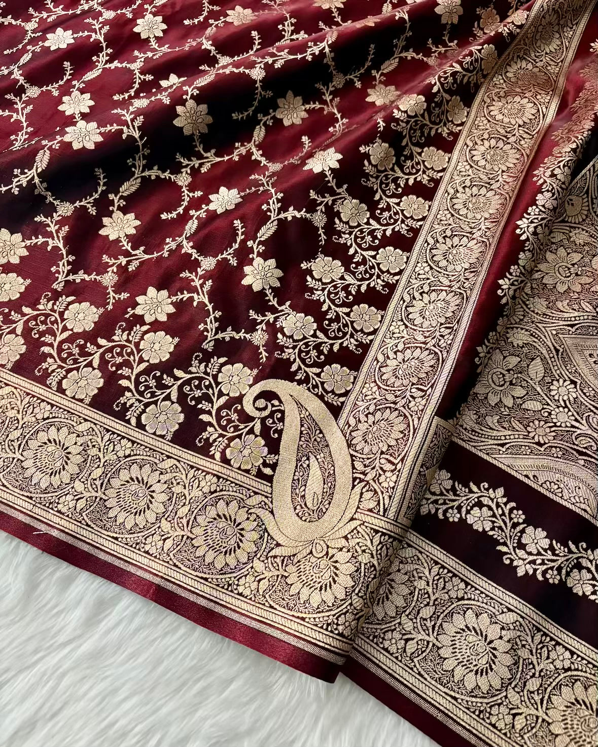 Dark Maroon Satin Silk Banarasi Saree Floral Swarna Latika Jaal