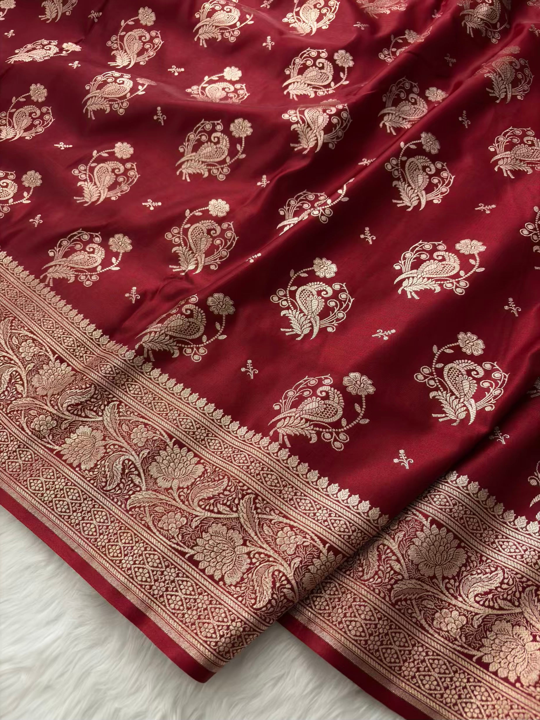MorPankhi Maroon Satin Silk Banarasi Saree