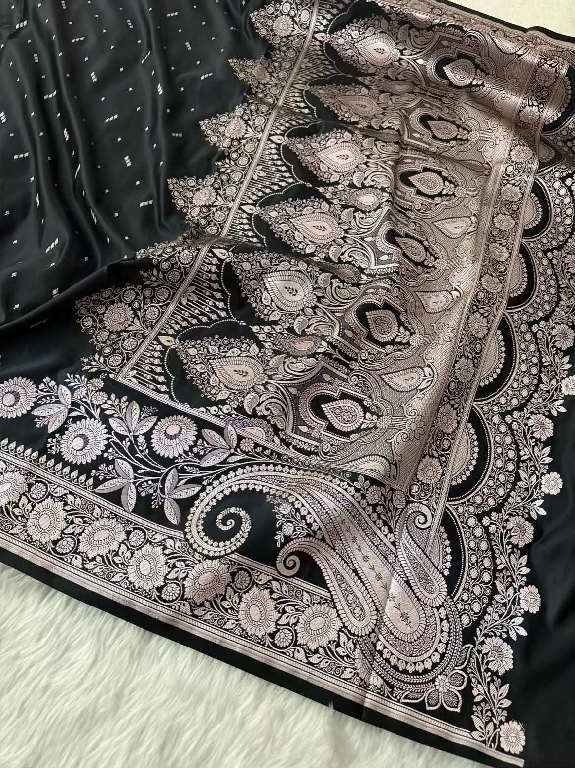 Black Premium Zari Work Fancy Satin Silk Banarasi Saare