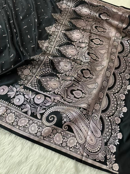 Black Premium Zari Work Fancy Satin Silk Banarasi Saare