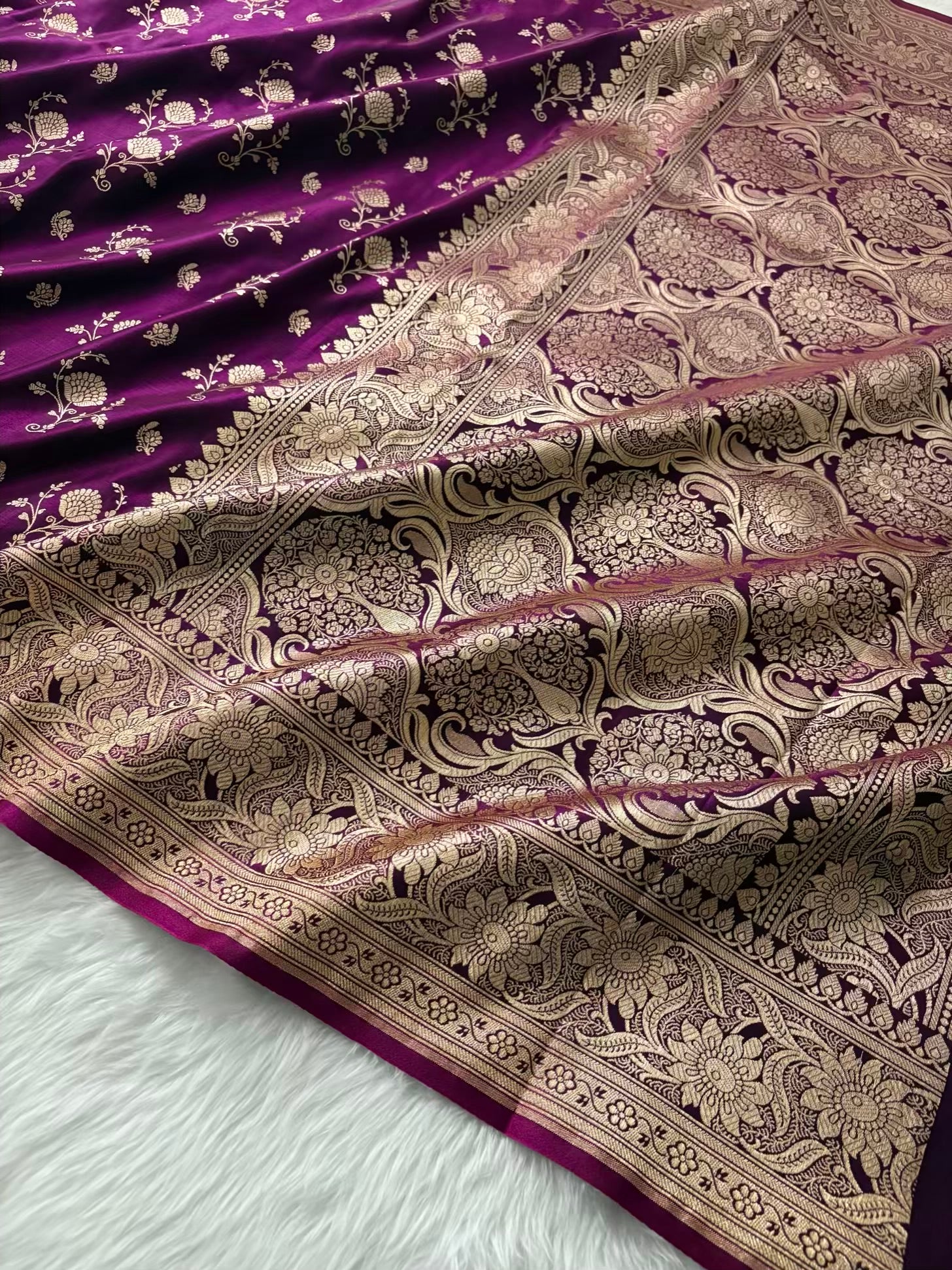 Wine Floral Buti Satin Silk Banarasi Saree