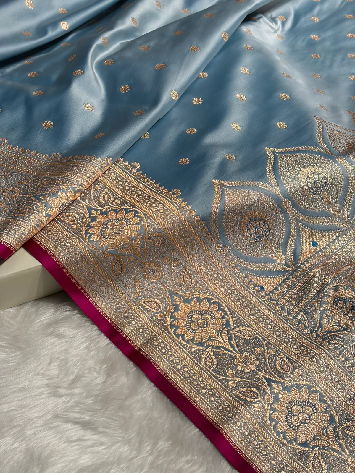 Banarasi Powder Blue Booti Satin katan Silk Saree