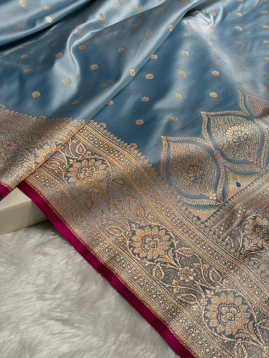 Banarasi Powder Blue Booti Satin katan Silk Saree