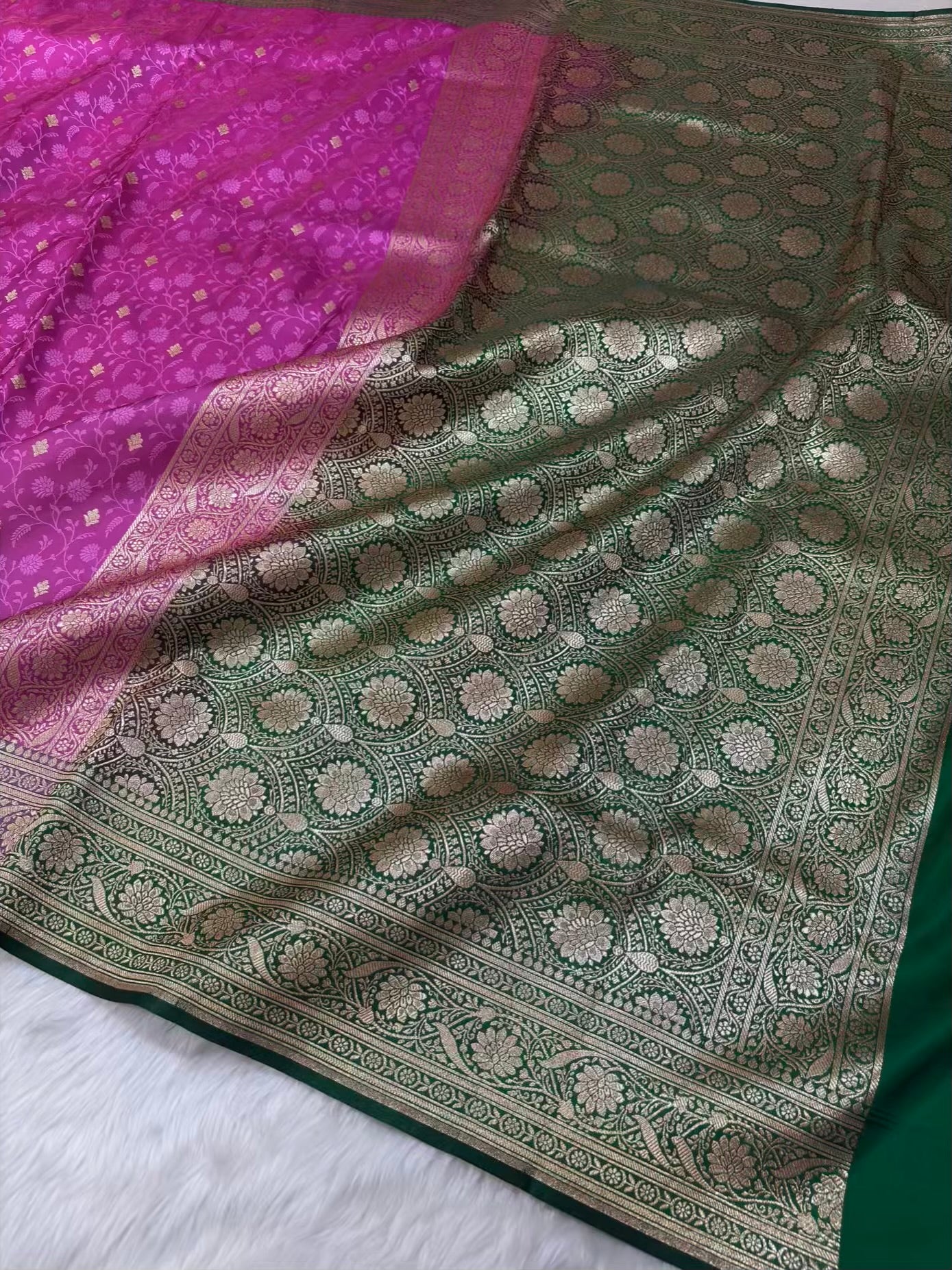 Pink & Green Satin Silk Banarasi Saree Tanchui Jaal
