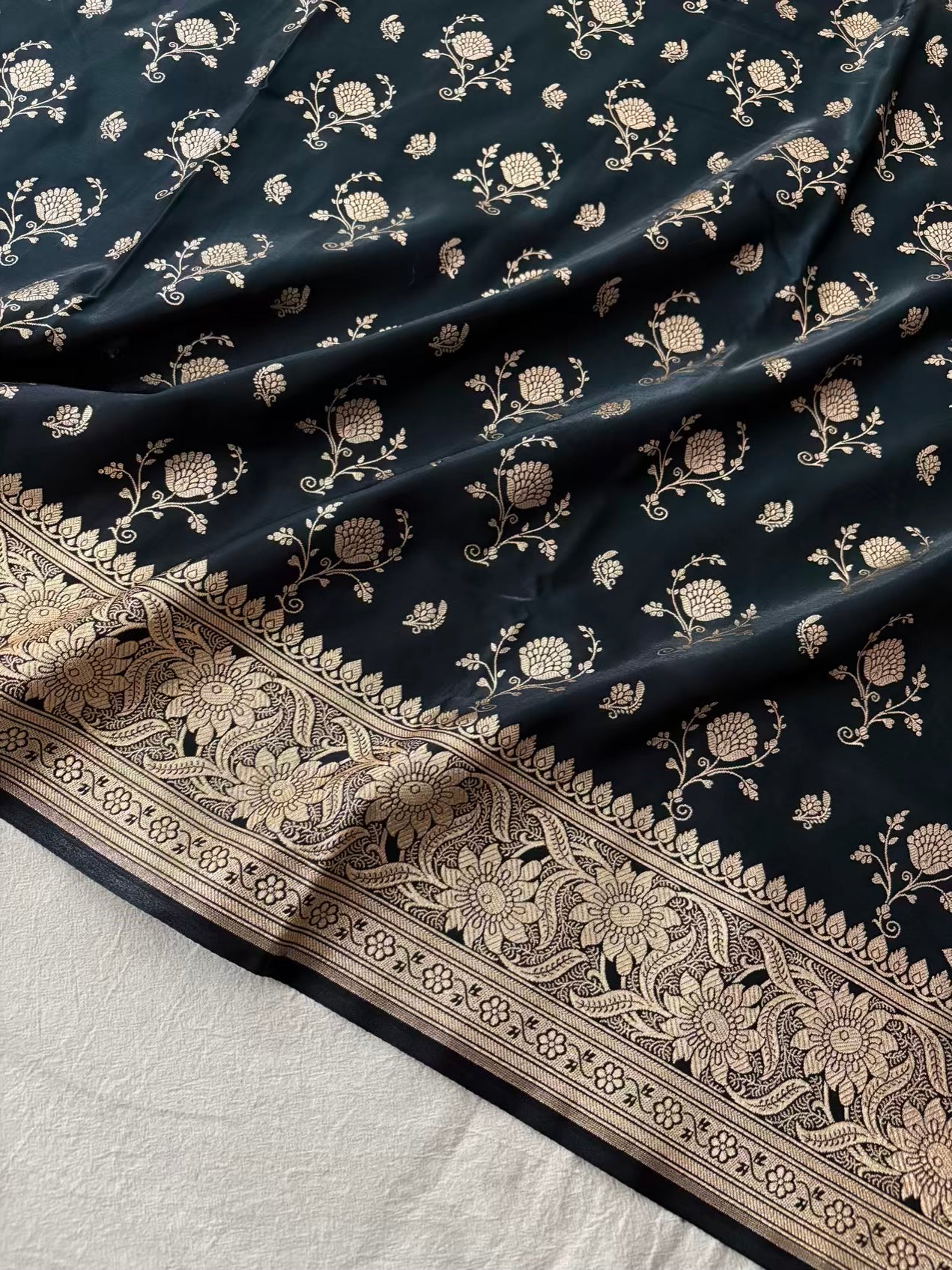 Black Floral Buti Satin Silk Banarasi Saree