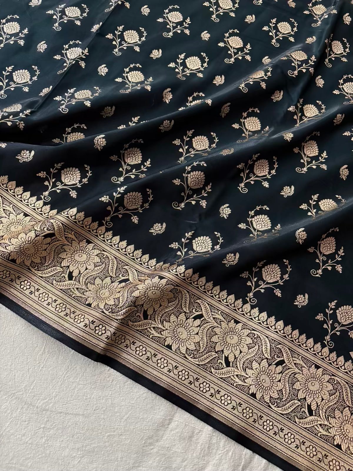 Black Floral Buti Satin Silk Banarasi Saree
